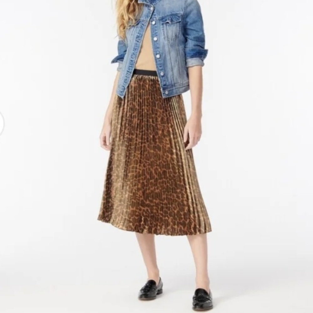 J Crew Metallic Leopard Print Accordion Pleated Midi Skirt
